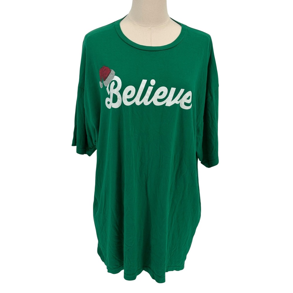 Brisco Brands T-Shirt Green Believe Santa Hat Graphic 100% Cotton XL